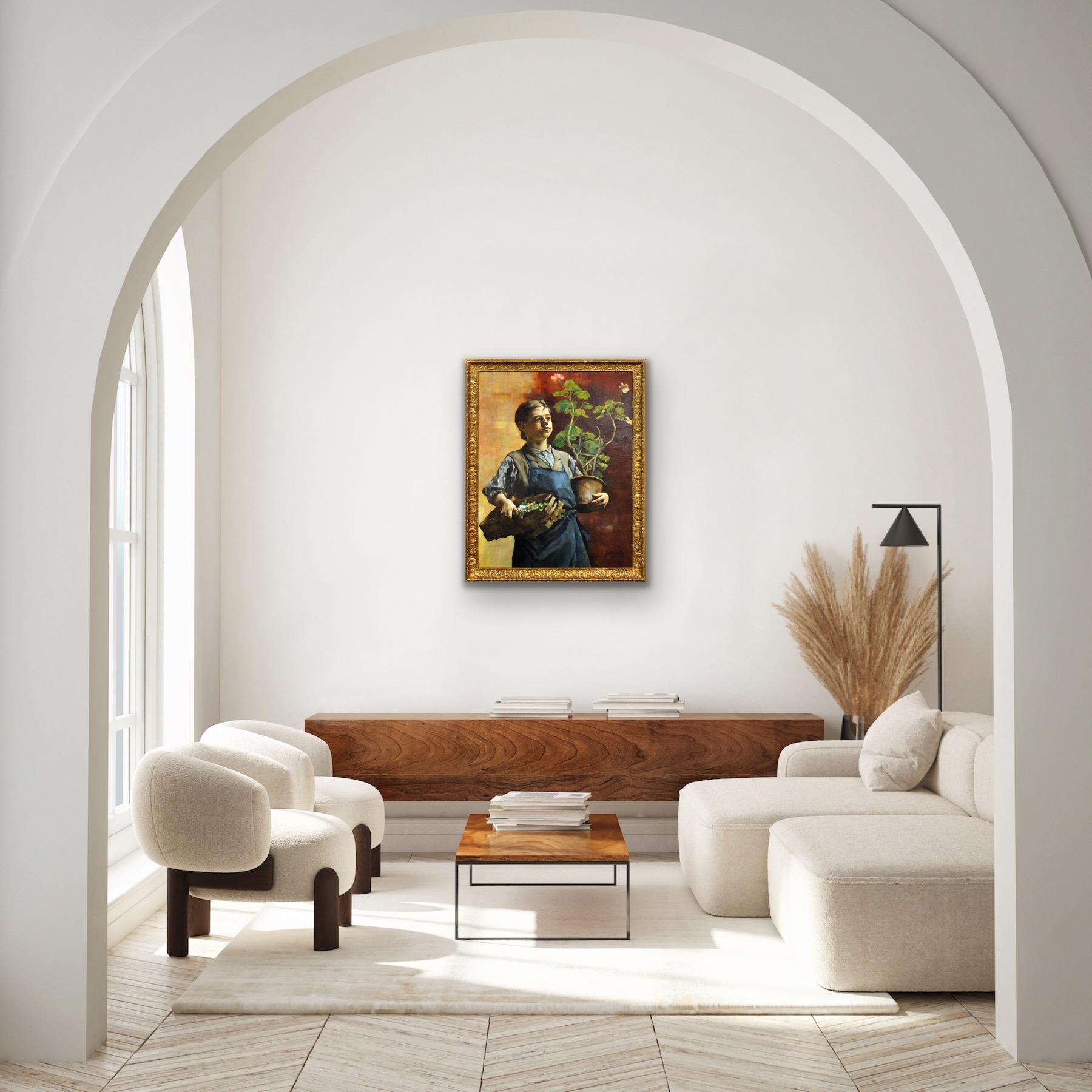 Quadro ad olio belga luminista incorniciato Le Petit Jardinier with Potted Geraniums (Il piccolo giardiniere con i gerani in vaso) in vendita 1