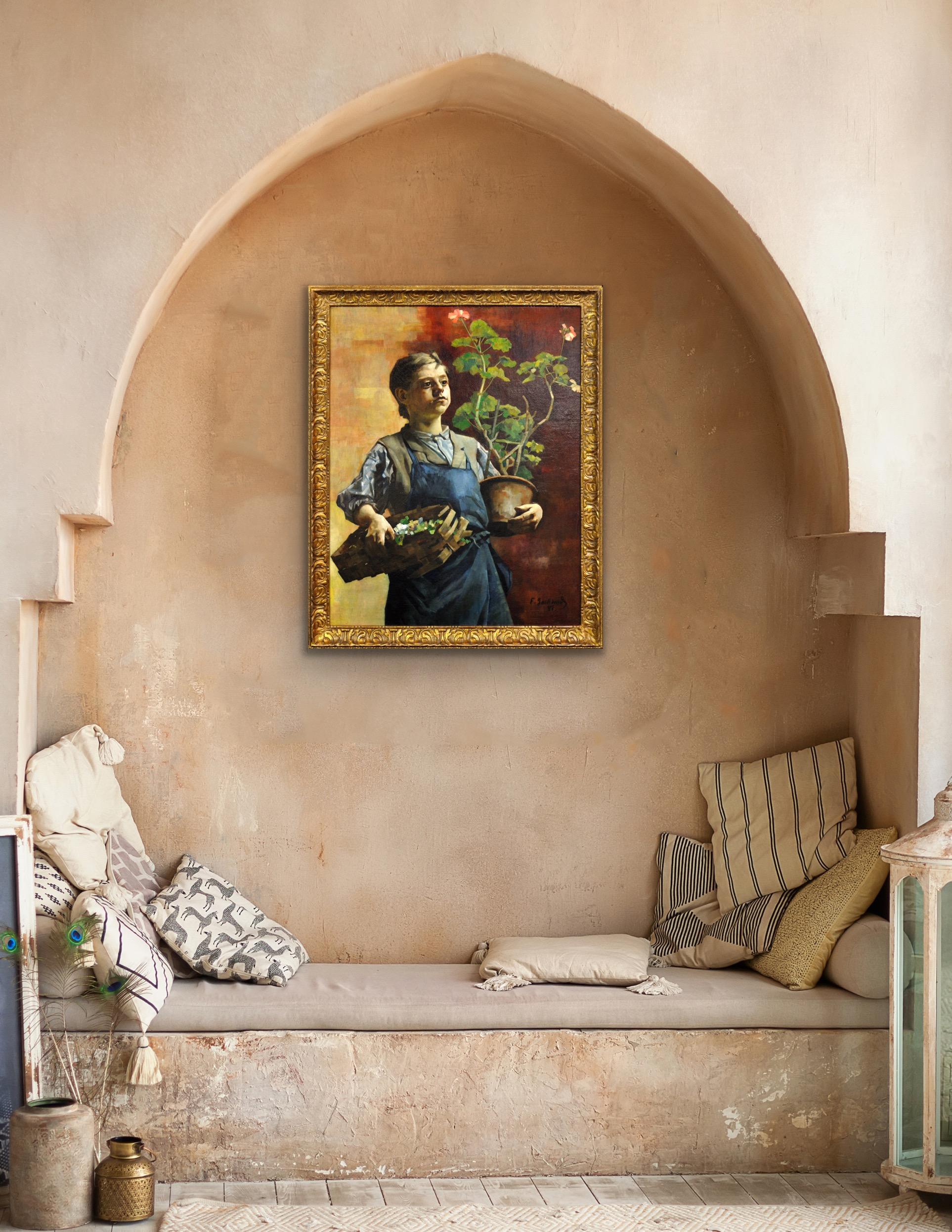 Quadro ad olio belga luminista incorniciato Le Petit Jardinier with Potted Geraniums (Il piccolo giardiniere con i gerani in vaso) in vendita 3