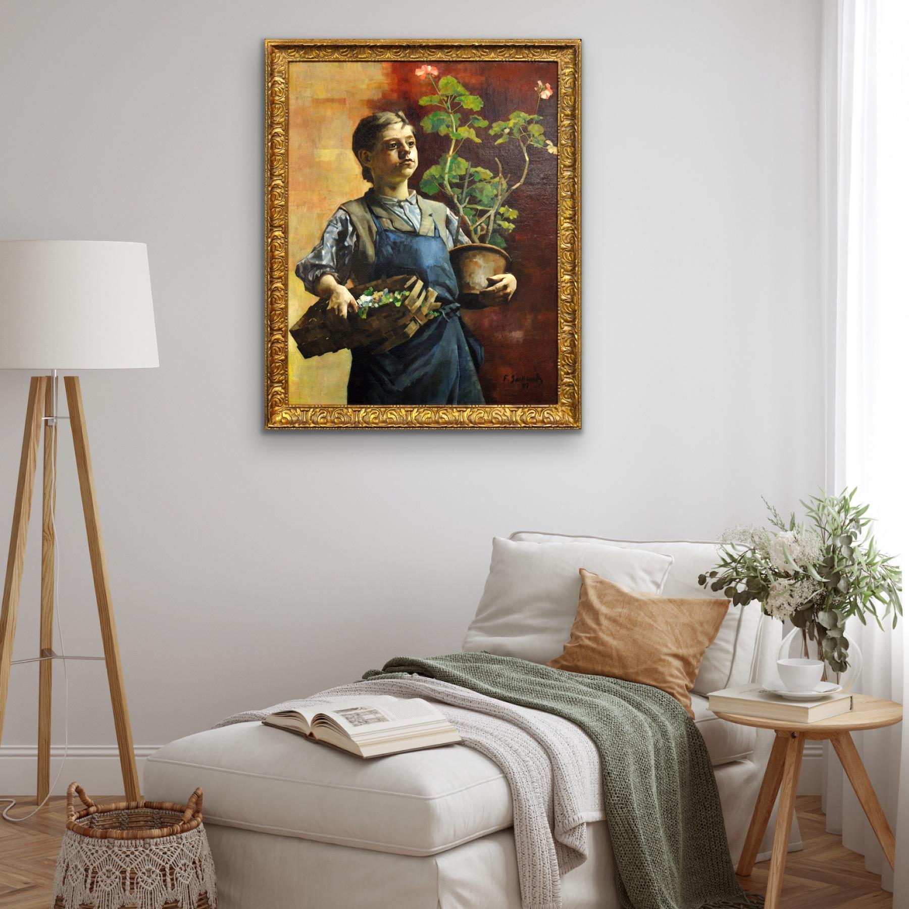 Quadro ad olio belga luminista incorniciato Le Petit Jardinier with Potted Geraniums (Il piccolo giardiniere con i gerani in vaso) in vendita 4