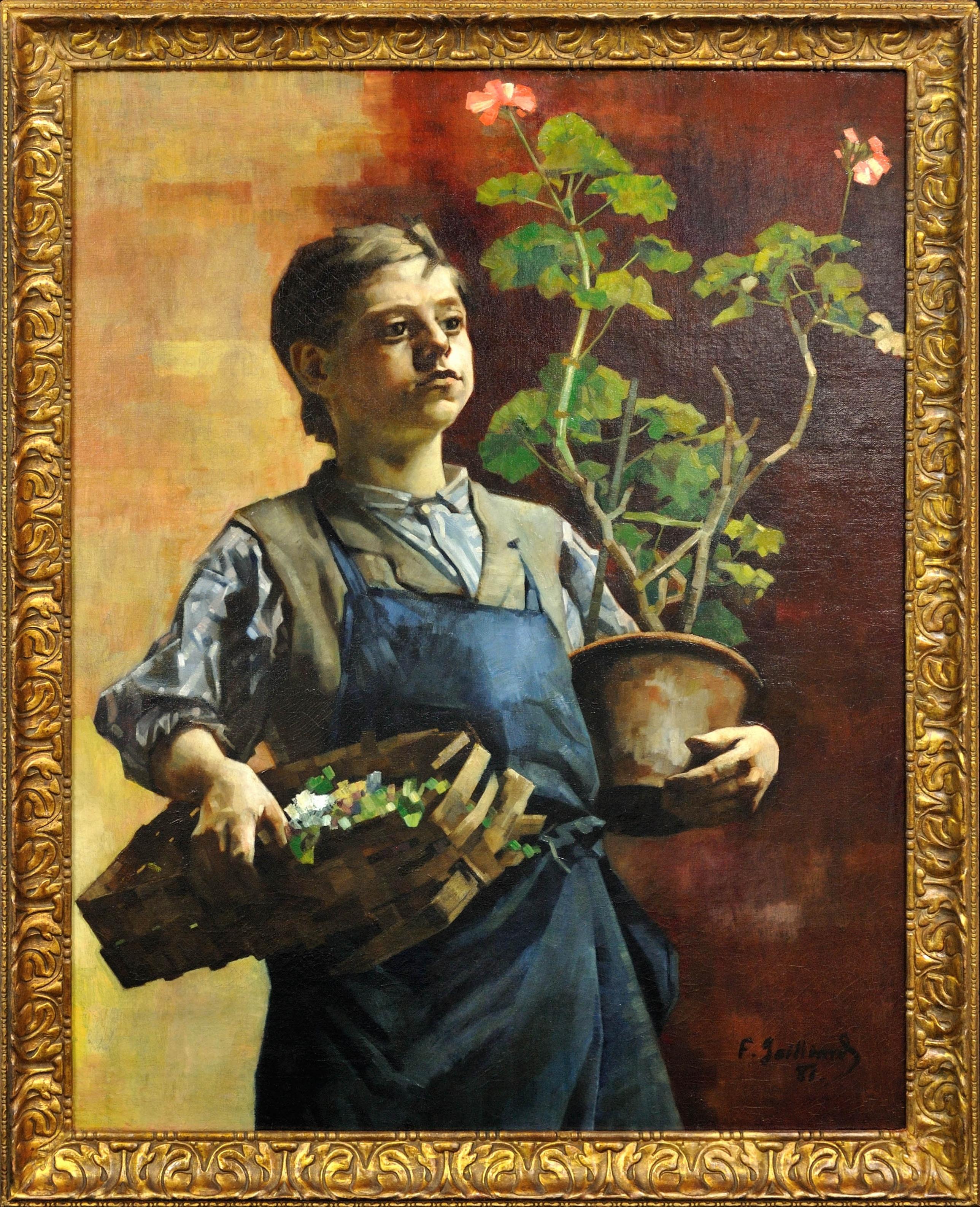 Figurative Painting di Francois Gailliard - Quadro ad olio belga luminista incorniciato Le Petit Jardinier with Potted Geraniums (Il piccolo giardiniere con i gerani in vaso)