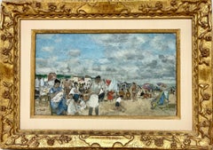 "Deauville" 20th century French beach scene oil on canvas