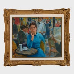 „Vorfreude auf ein Rendezvous“ – Französischer Impressionist, Öl auf Leinwand, Cafészene