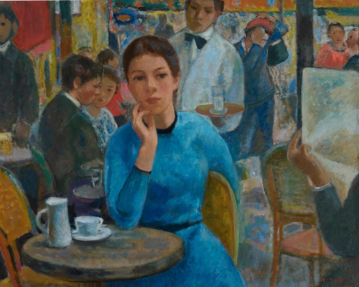 Figurative Painting di François Gall - "In attesa di un appuntamento" - Impressionismo francese - Olio su tela, scena da caffè