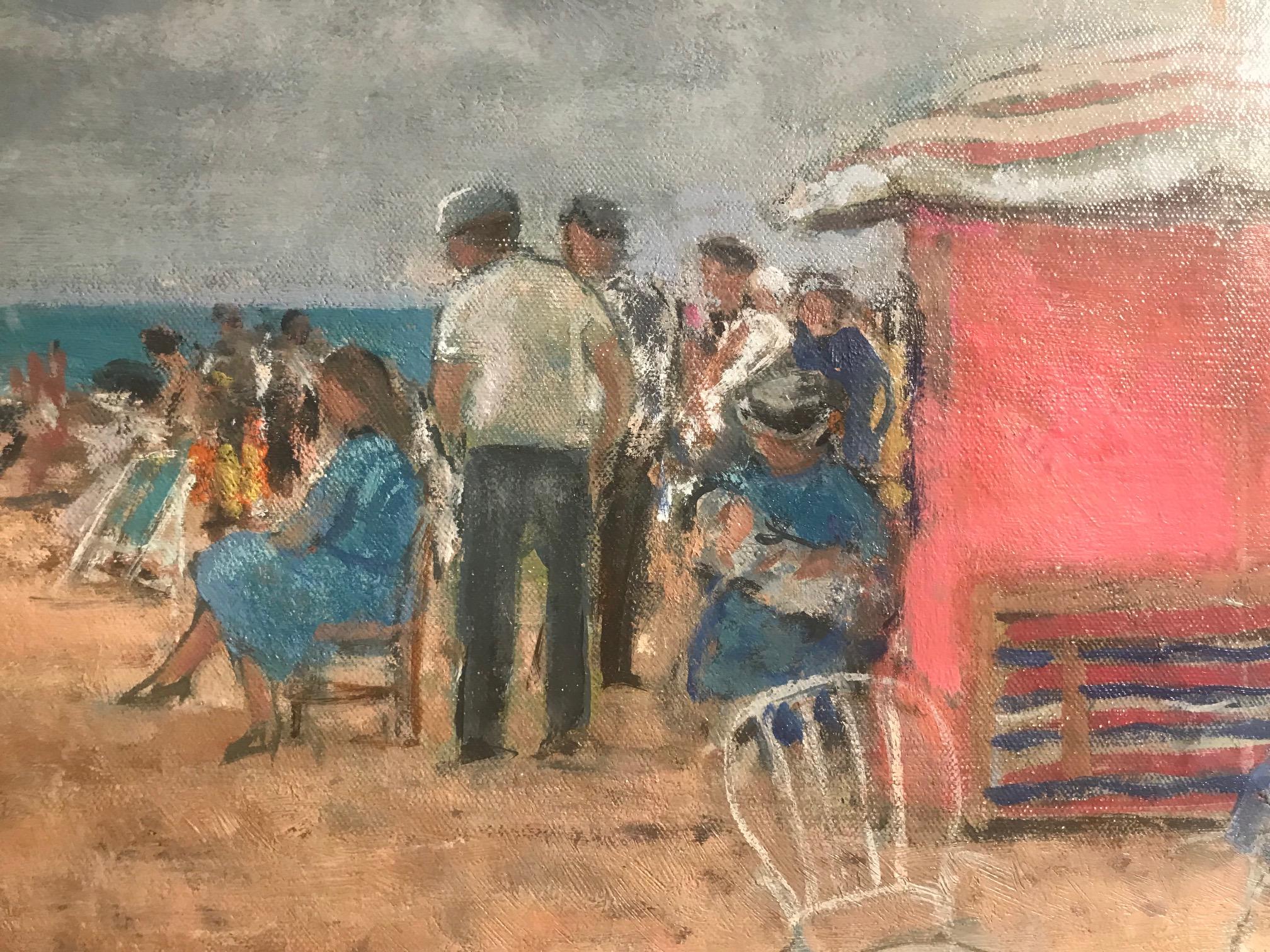 Bright Normandy Beach Scene with Figures, Sea & Boats 'Un Plage, Normandie'.  - Impressionist Painting by François Gall