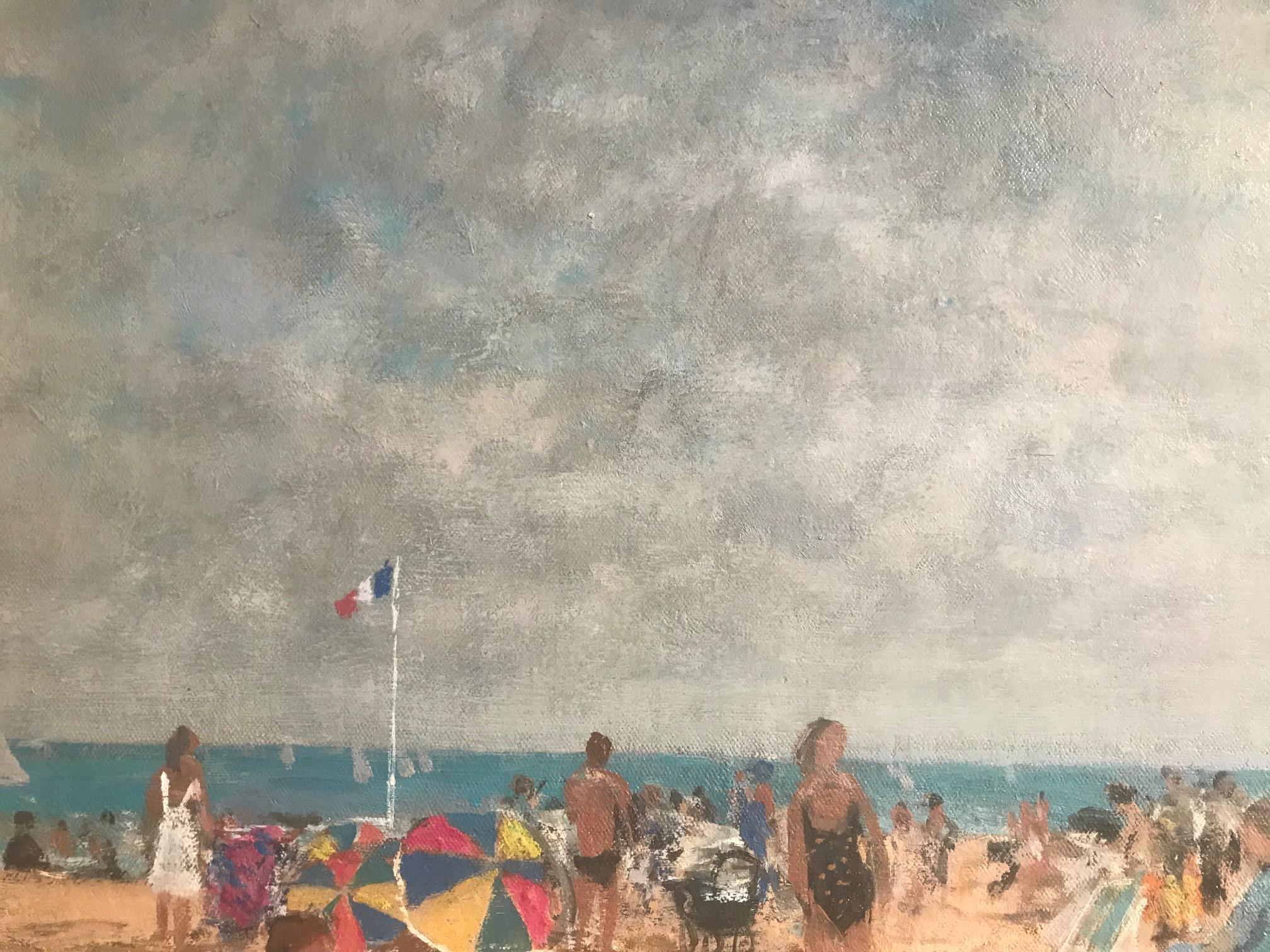 Bright Normandy Beach Scene with Figures, Sea & Boats 'Un Plage, Normandie'.  - Gray Landscape Painting by François Gall