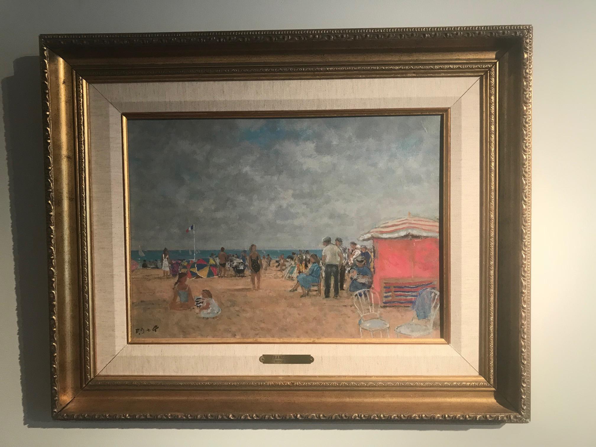 Bright Normandy Beach Scene with Figures, Sea & Boats 'Un Plage, Normandie'.  - Impressionist Painting by François Gall