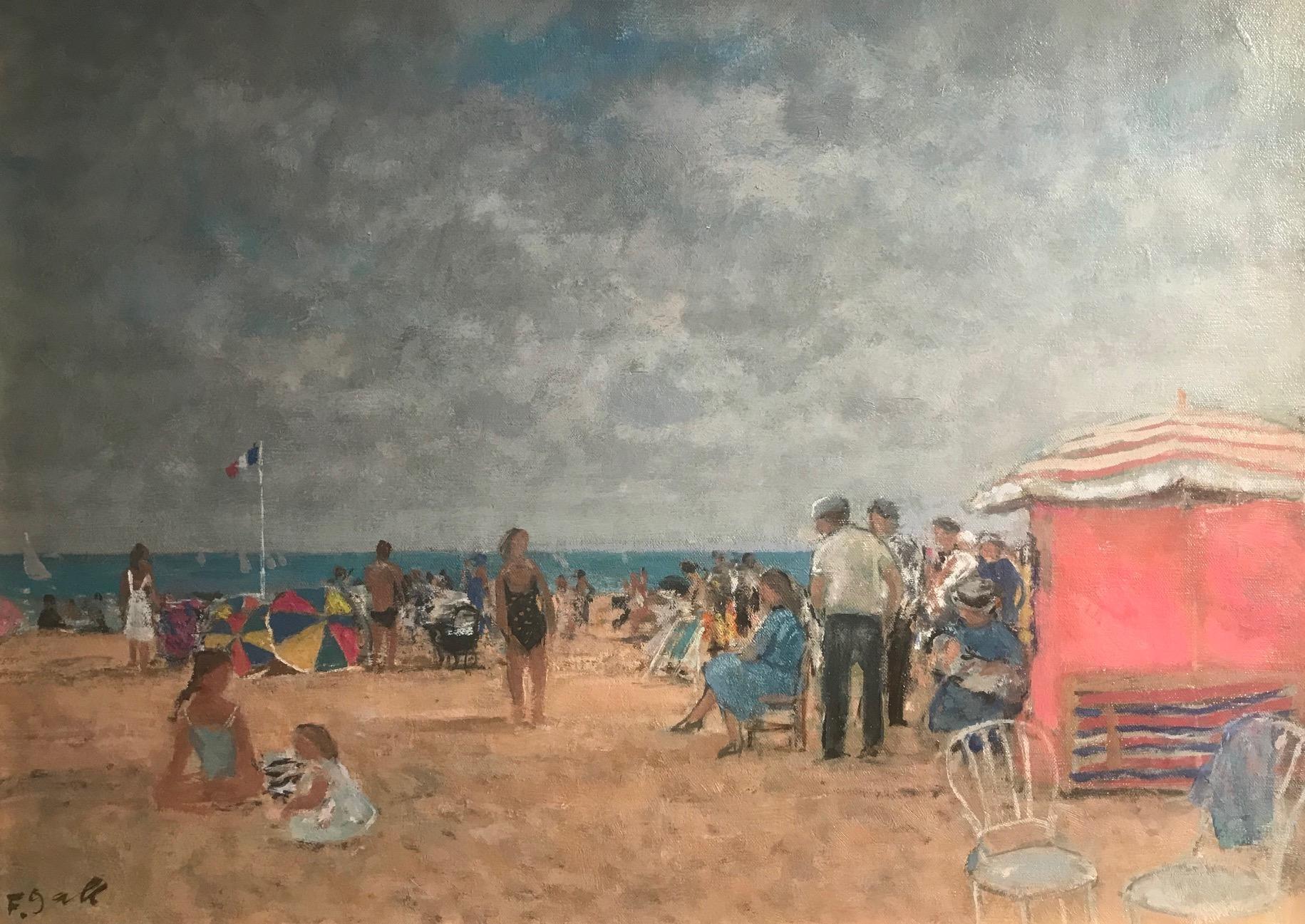 Bright Normandy Beach Scene with Figures, Sea & Boats 'Un Plage,Normandie'. 