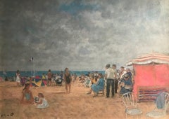 Bright Normandy Beach Scene with Figures, Sea & Boats 'Un Plage, Normandie'. 