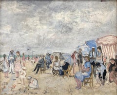"Deauville" Pittura a olio su tela con figure, scena impressionista francese di spiaggia