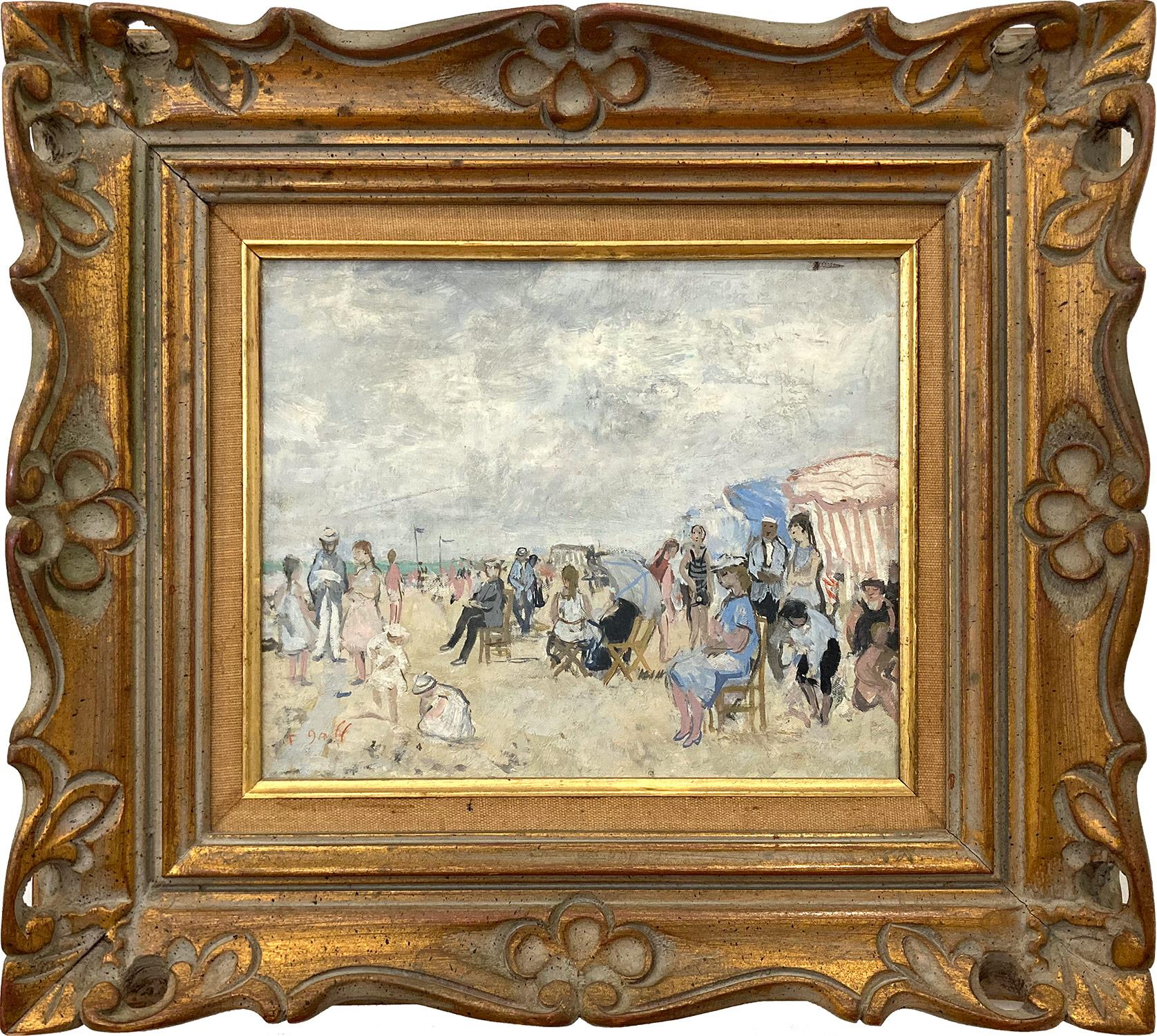 Figurative Painting di François Gall - "Deauville" Pittura a olio su tela con figure, scena impressionista francese di spiaggia