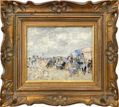 "Deauville" Impressionist French Beach Scene Oil Painting on Canvas with Figures