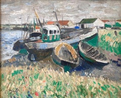 "Bateaux de pêche" Peinture à l'huile impressionniste sur toile encadrée