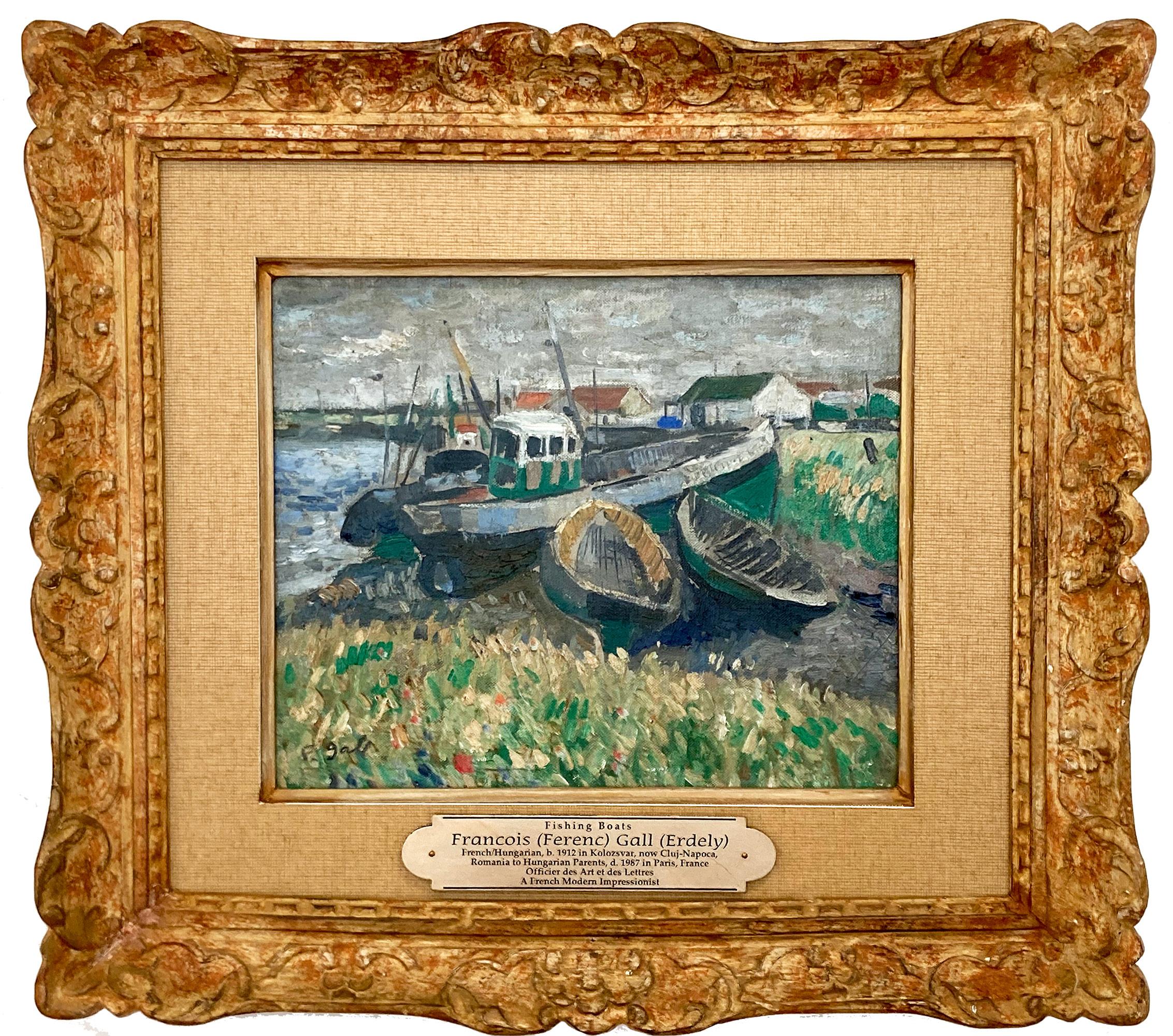 "Bateaux de pêche" Peinture à l'huile impressionniste sur toile encadrée