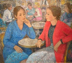 French Impressionist mid century cafe scene of two women seated in a Cafe