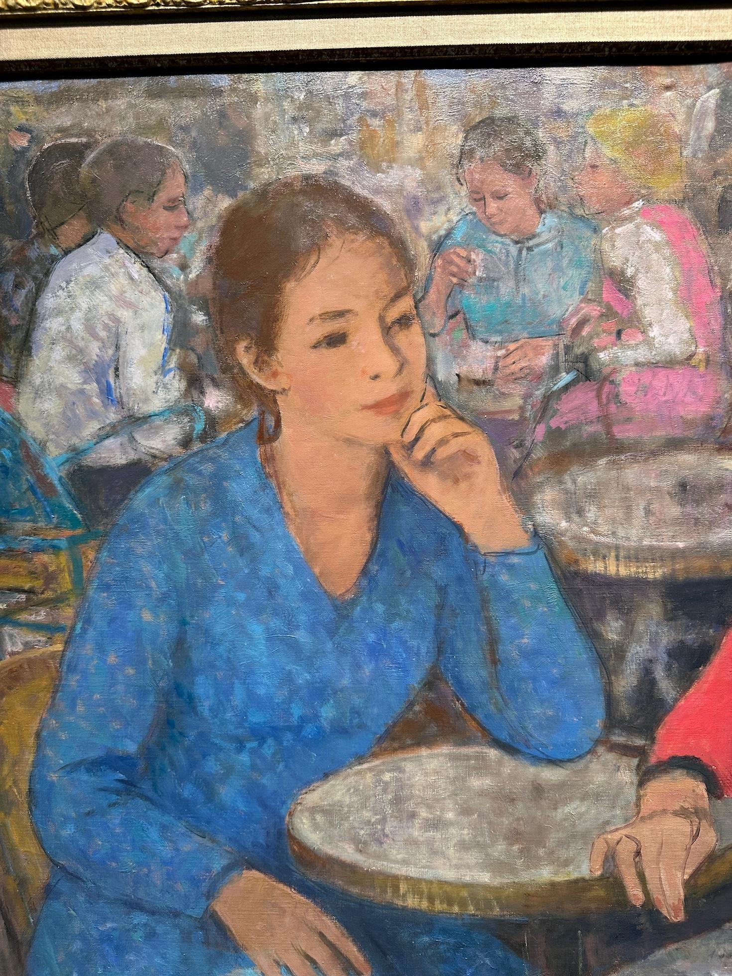 French Impressionist mid century cafe scene of two women seated in a Cafe For Sale 1