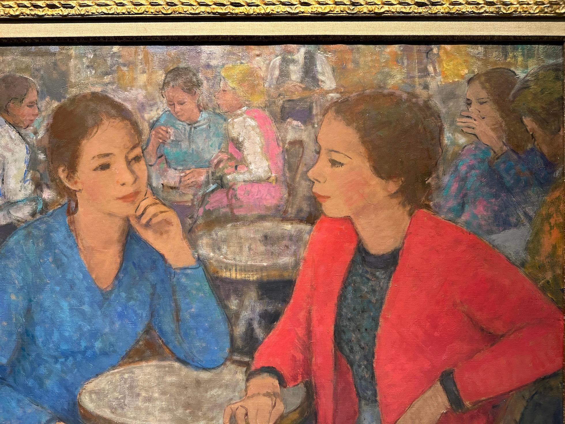 French Impressionist mid century cafe scene of two women seated in a Cafe For Sale 3