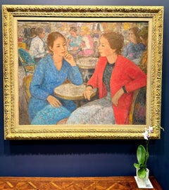 Retro French Impressionist mid century cafe scene of two women seated in a Cafe