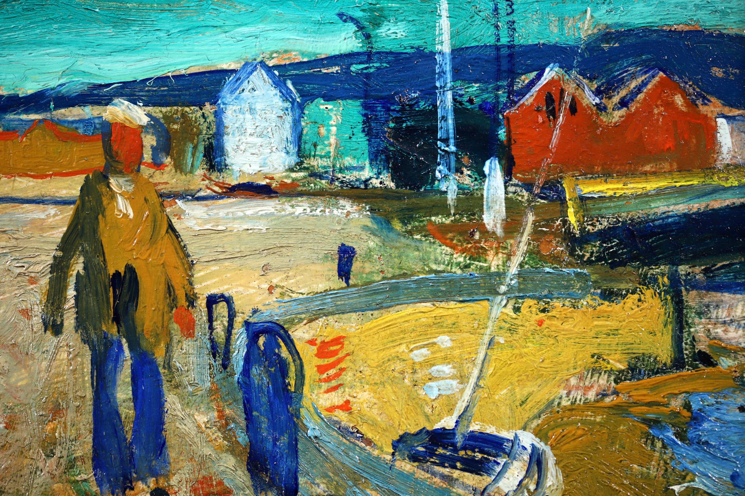 Harbour - Camaret - Post Impressionist Oil Figure in Landscape by Francois Gall - Brown Figurative Painting by François Gall