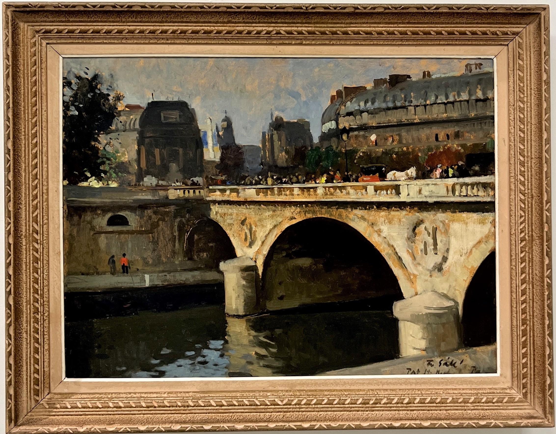 Le Fiacre au Cheval Blanc, Pont St. Michel – Paris - Painting by François Gall