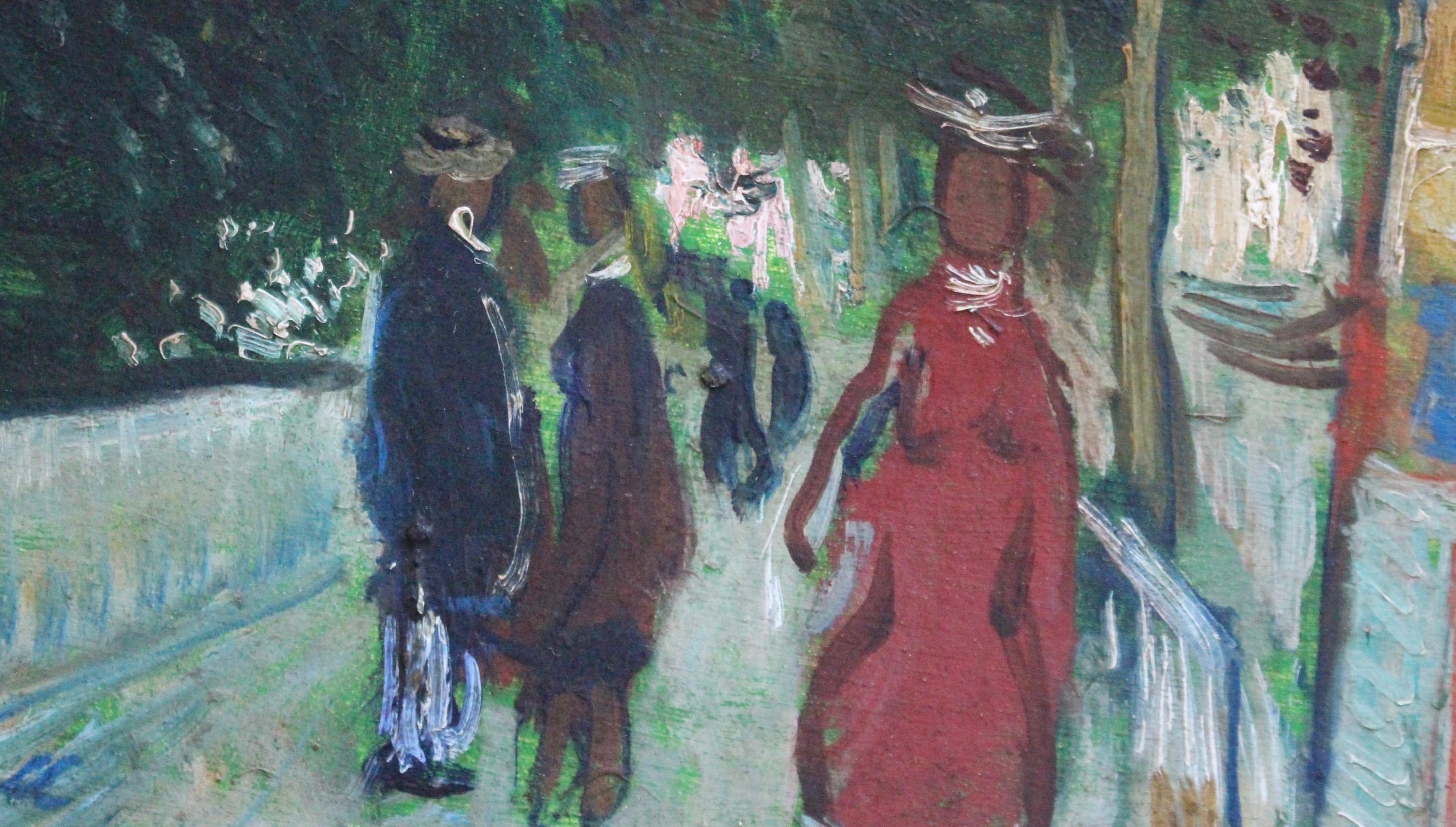 'Les Grands Boulevards - Paris', oil on board, by François Gall (circa 1950s). An impressionist depiction of Parisians promenading at dusk. The remaining light of the day peeks through the trees softly illuminating strollers passing by one of the