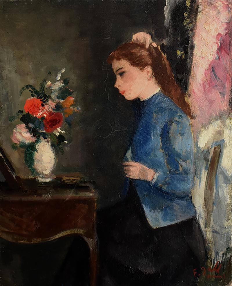 Figurative Painting François Gall - Marie-Lize, devant le miroir de coiffeuse avec fleurs