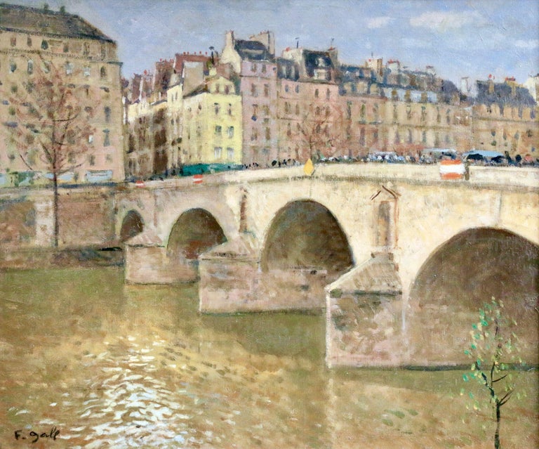 Pont Marie, Paris - Post Impressionist River Landscape Painting by Francois Gall - Beige Figurative Painting by François Gall