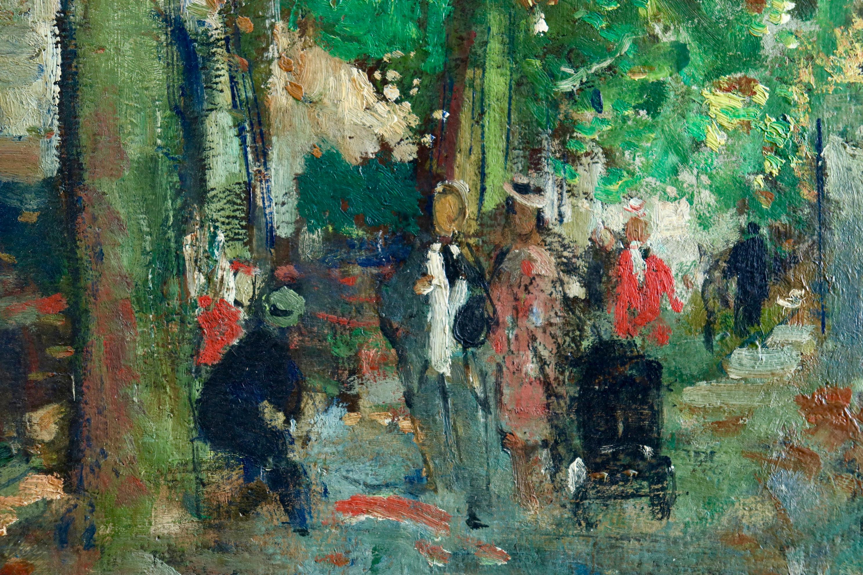 Rue de Paris - Huile post-impressionniste:: Figures dans un paysage par Francois Gall - Gris Figurative Painting par François Gall