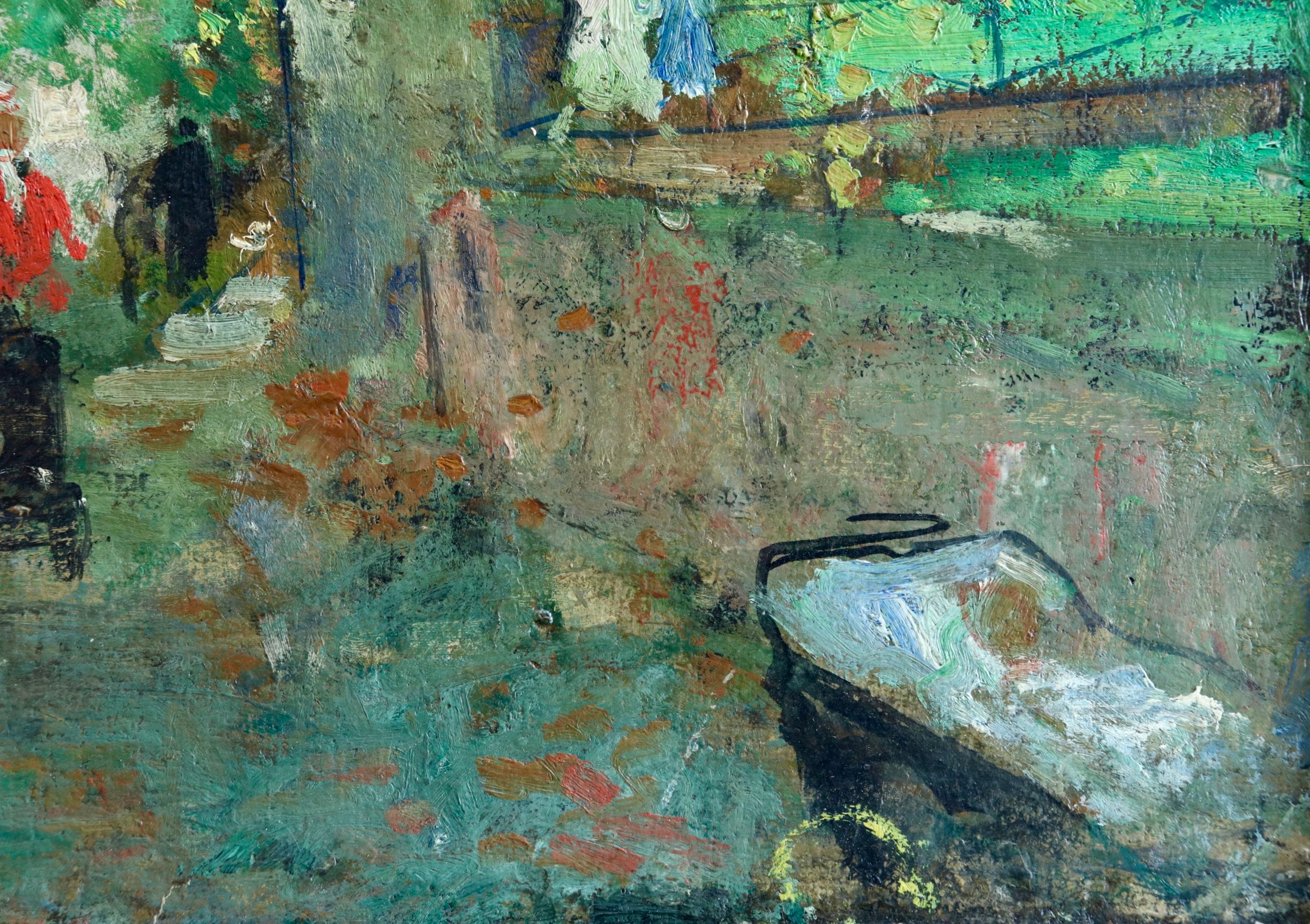 Une magnifique huile sur toile datant d'environ 1950:: peinte par le peintre post-impressionniste français François Gall:: représentant des personnages sur la route vers Paris sous les arbres verts luxuriants avec la ville en toile de fond. Signé en