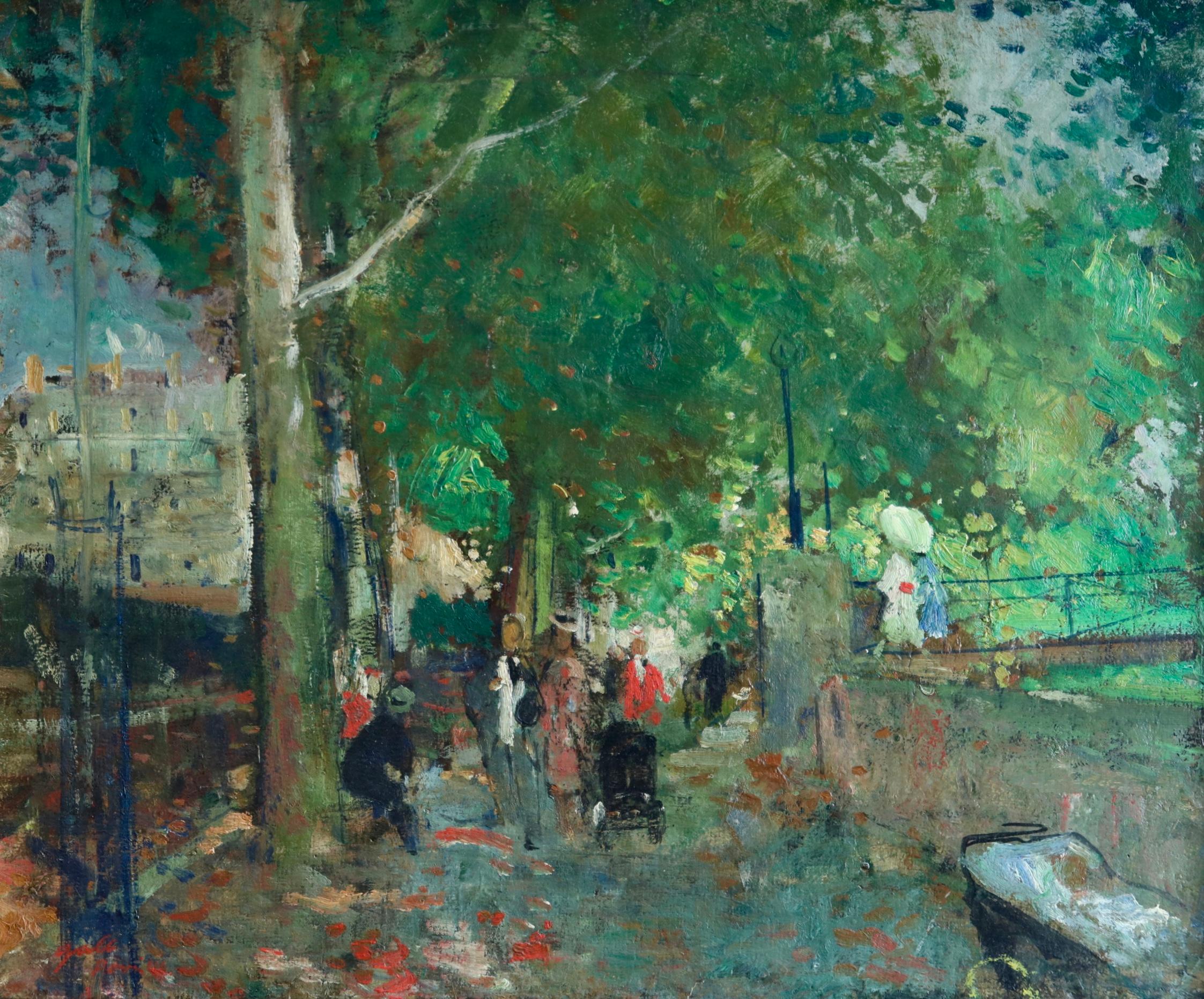 Figurative Painting François Gall - Rue de Paris - Huile post-impressionniste:: Figures dans un paysage par Francois Gall