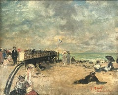 "South of France Beach Scene" Impressionist Oil on Canvas Painting with Figures