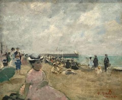 "Treport" Pintura al óleo sobre lienzo con figuras, escena de playa francesa impresionista