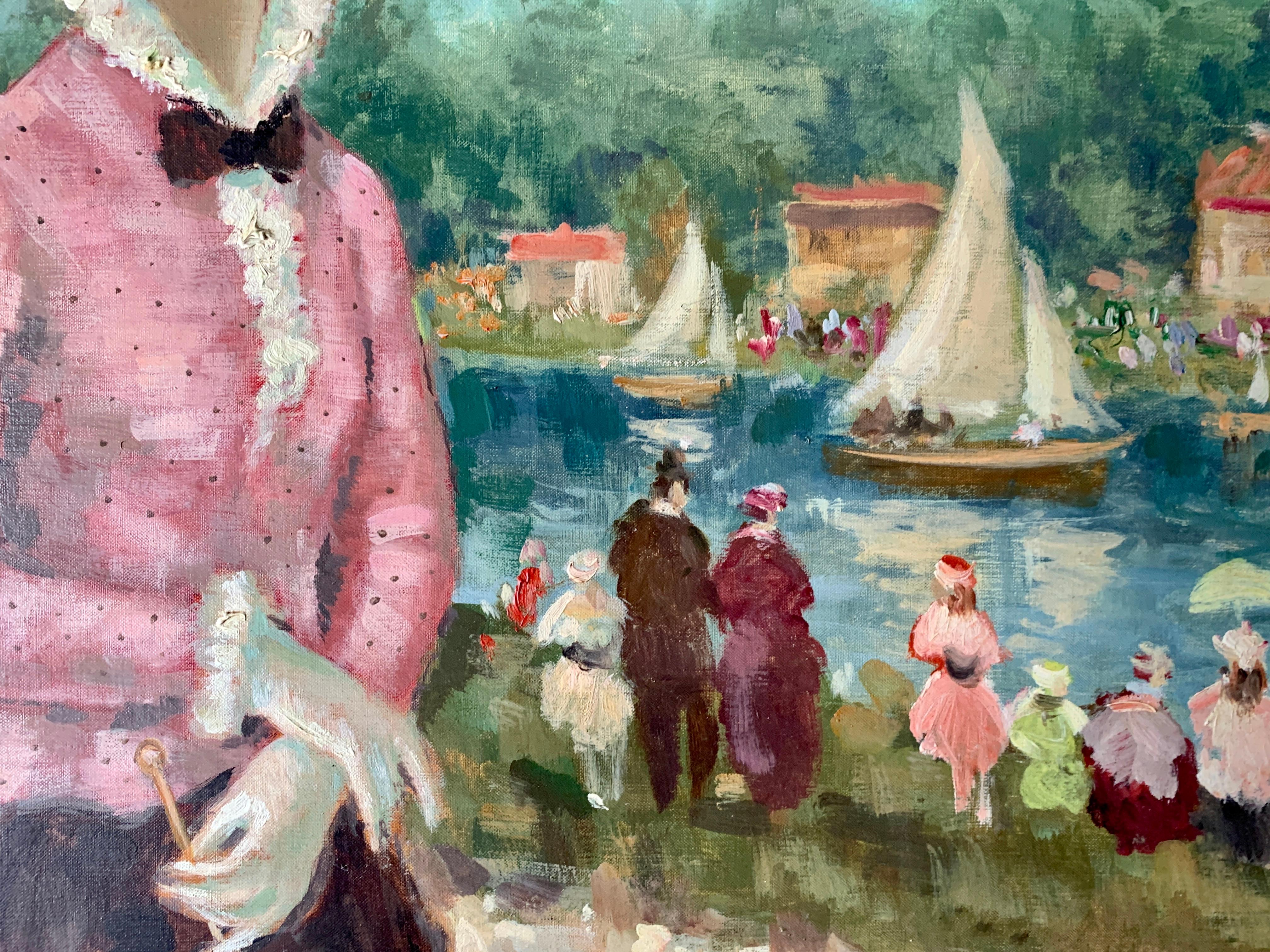 Mid century oil portrait of a French woman at a Fete by a Pond in Nogent, Paris - French School Painting by Francois Gerome