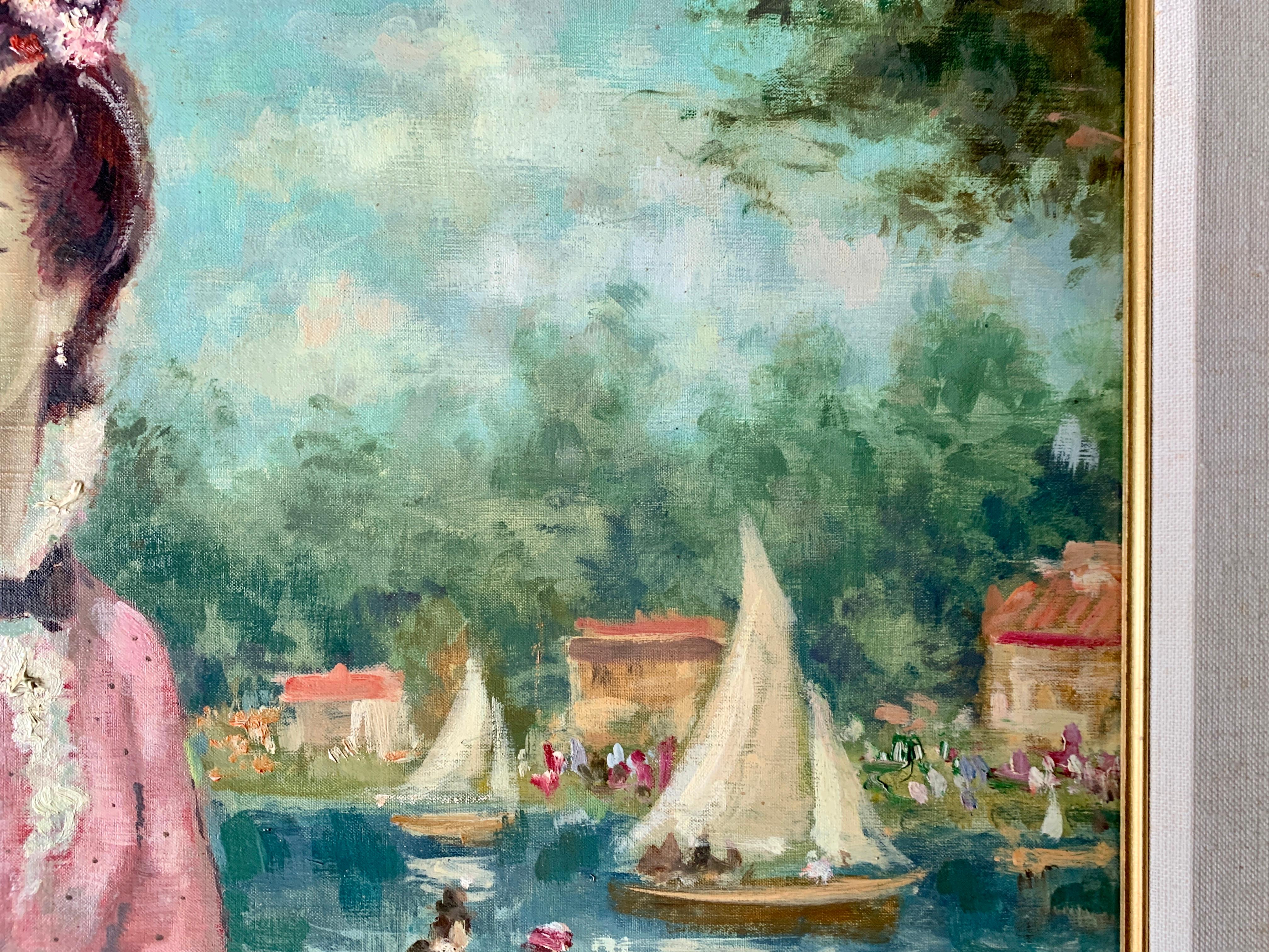 Mid century oil portrait of a French woman at a Fete by a Pond in Nogent, Paris - Brown Figurative Painting by Francois Gerome
