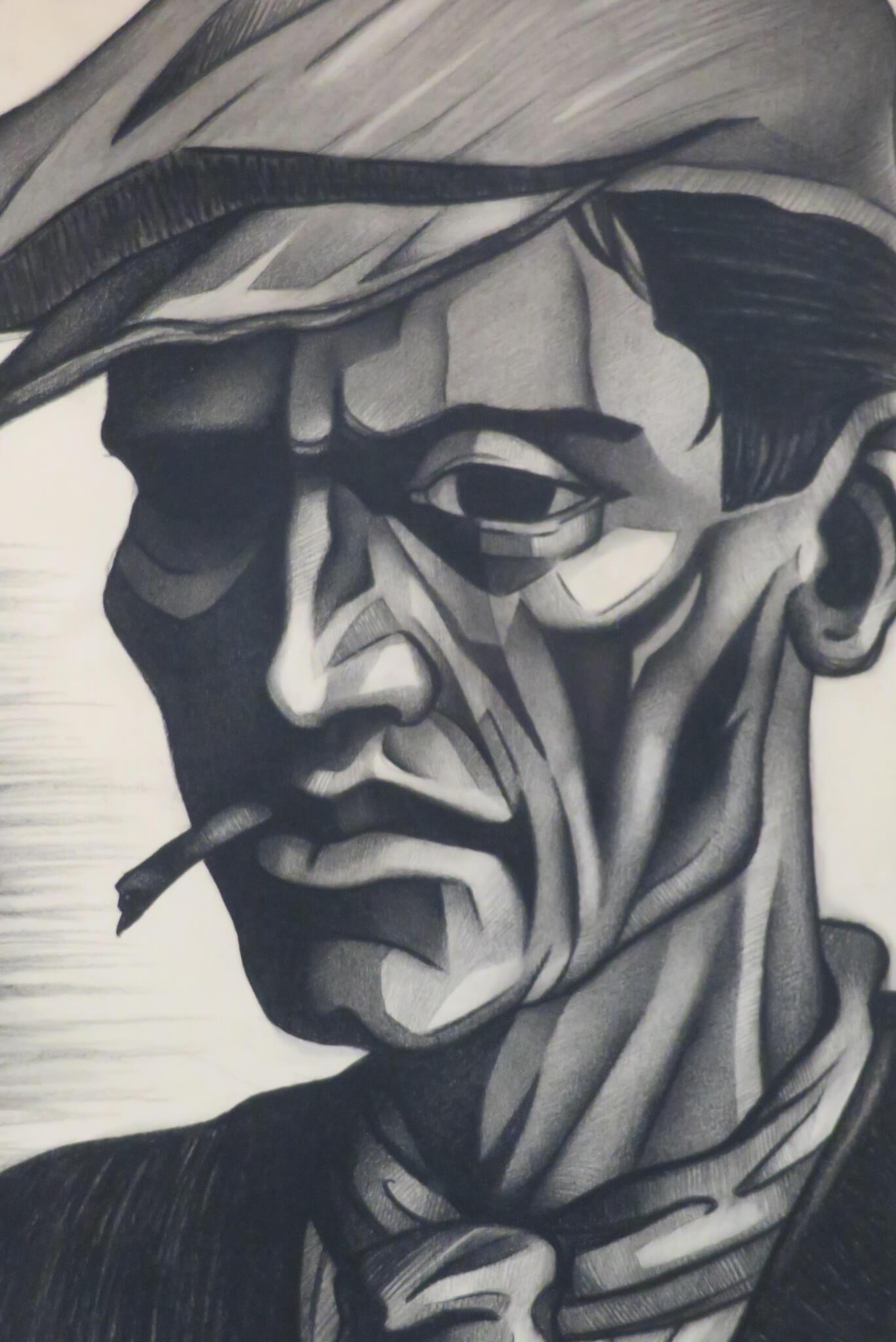 Original Rare Mid Century Cubist Pencil Portrait of A Miner by Francois Gianolla For Sale 1