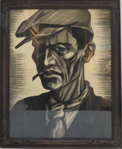 Retro Original Rare Mid Century Cubist Pencil Portrait of A Miner by Francois Gianolla