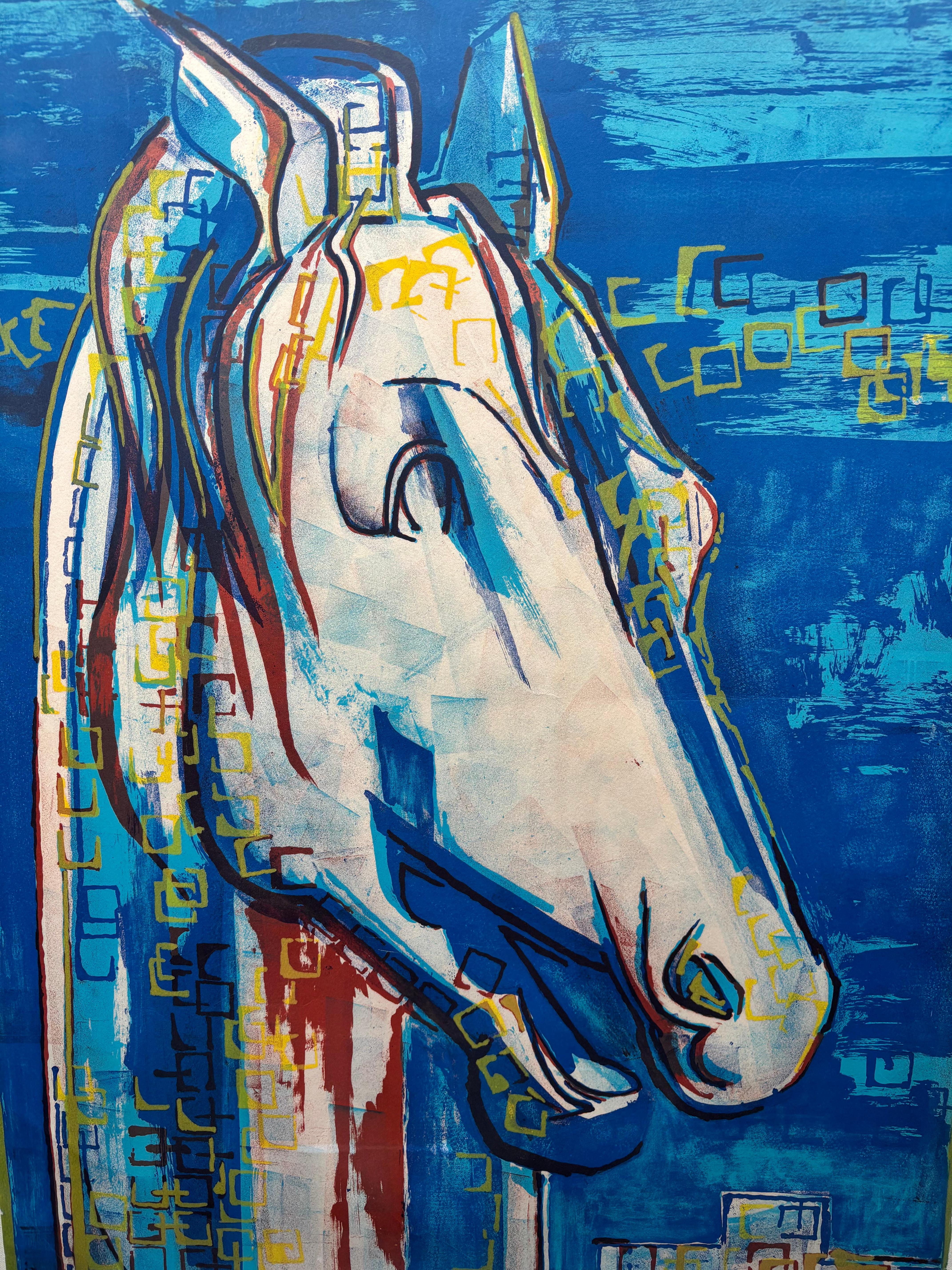 Original-Lithografie, in Türkis, Ziegelrot, Königsblau und Safran. Vom Künstler mit Bleistift innerhalb des Bildes in der rechten unteren Ecke signiert. In der linken unteren Ecke mit Bleistift nummeriert 20/100.