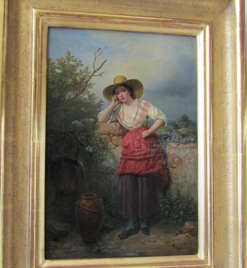 Landscape Painting di Francois Grenier de Saint Martin - Rara opera d
arte francese di Francois Grenier - Impero, donna presso una sorgente, olio su tela.