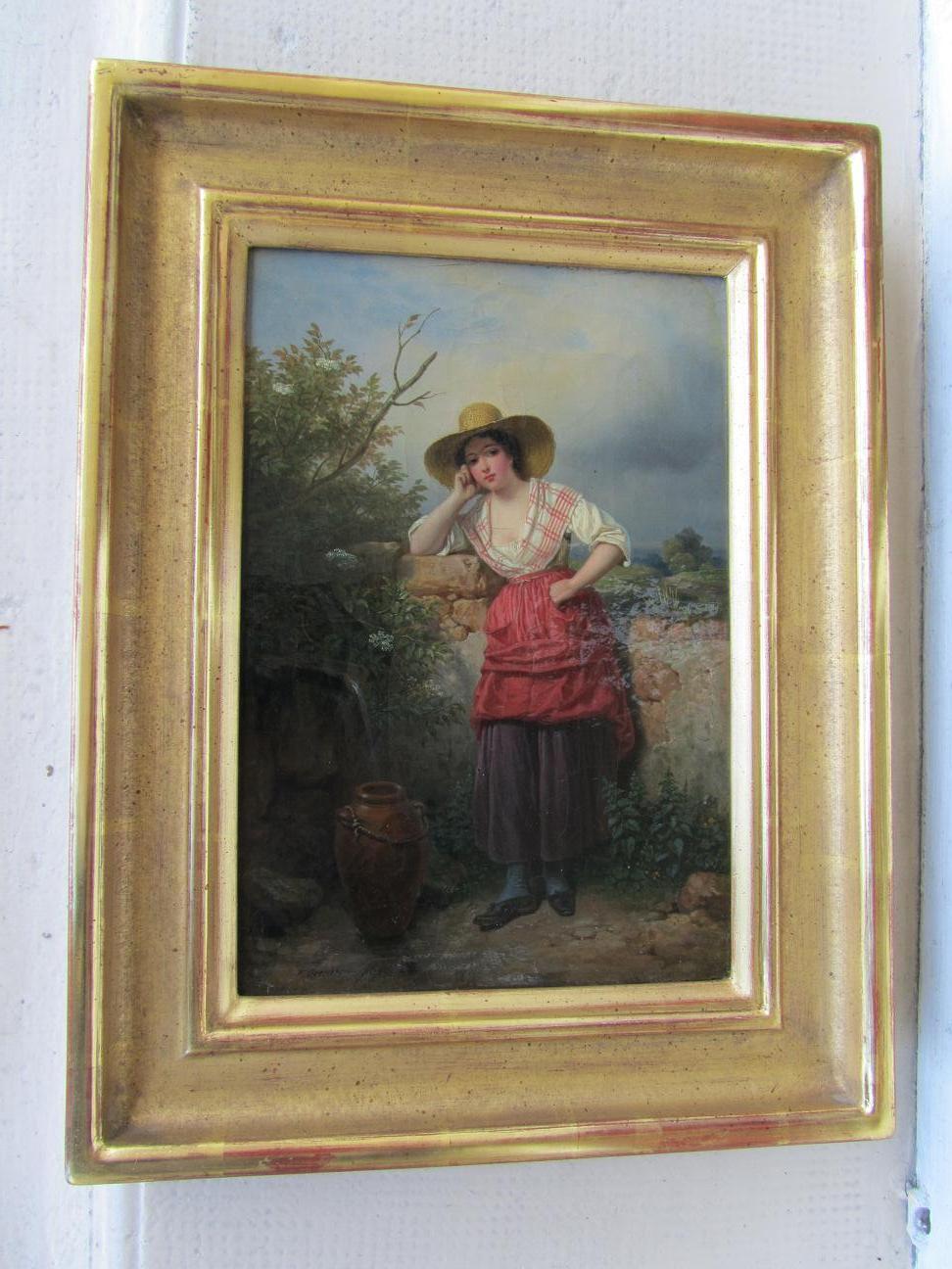 Raro arte francés de Francois Grenier - Imperio, mujer en un manantial, óleo sobre lienzo. - Landscape Painting Marrón de Francois Grenier de Saint Martin