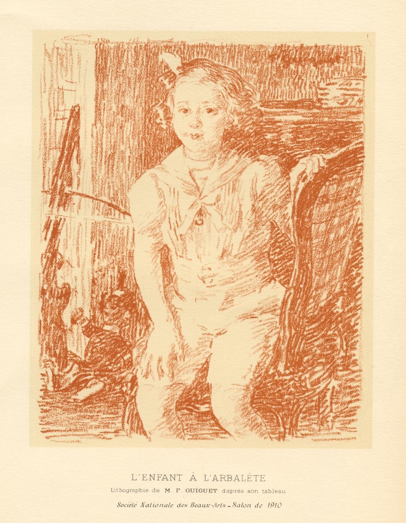 "L'enfant a l'arbalete" original lithograph - Print by Francois Guiguet