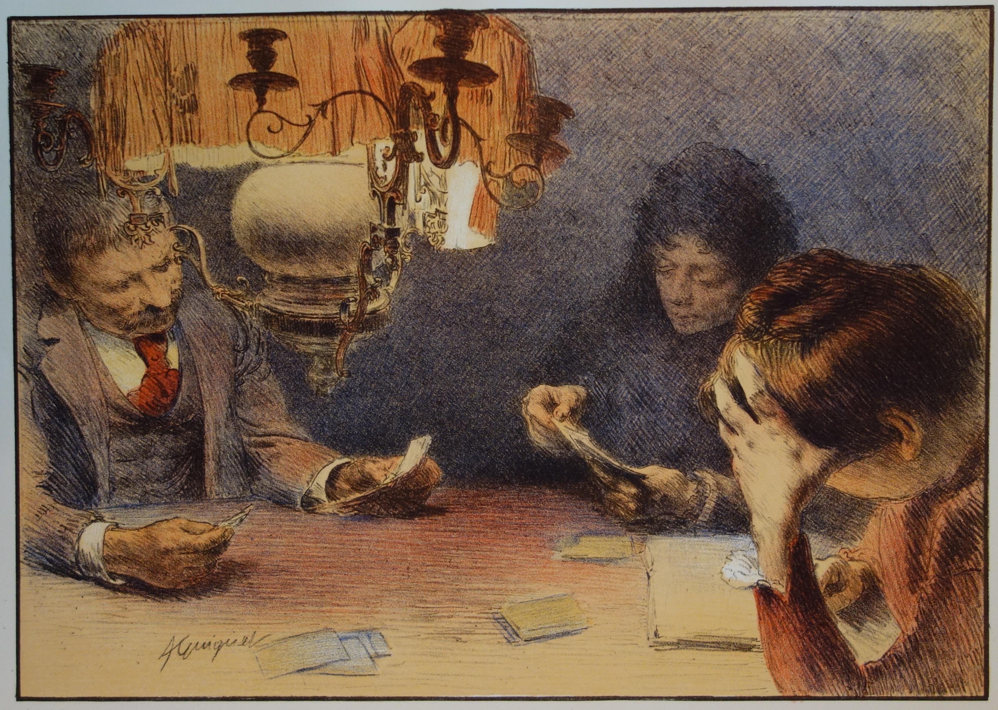La lampada: lavoro serale - Litografia originale - 1898 - Print di Francois Guiguet