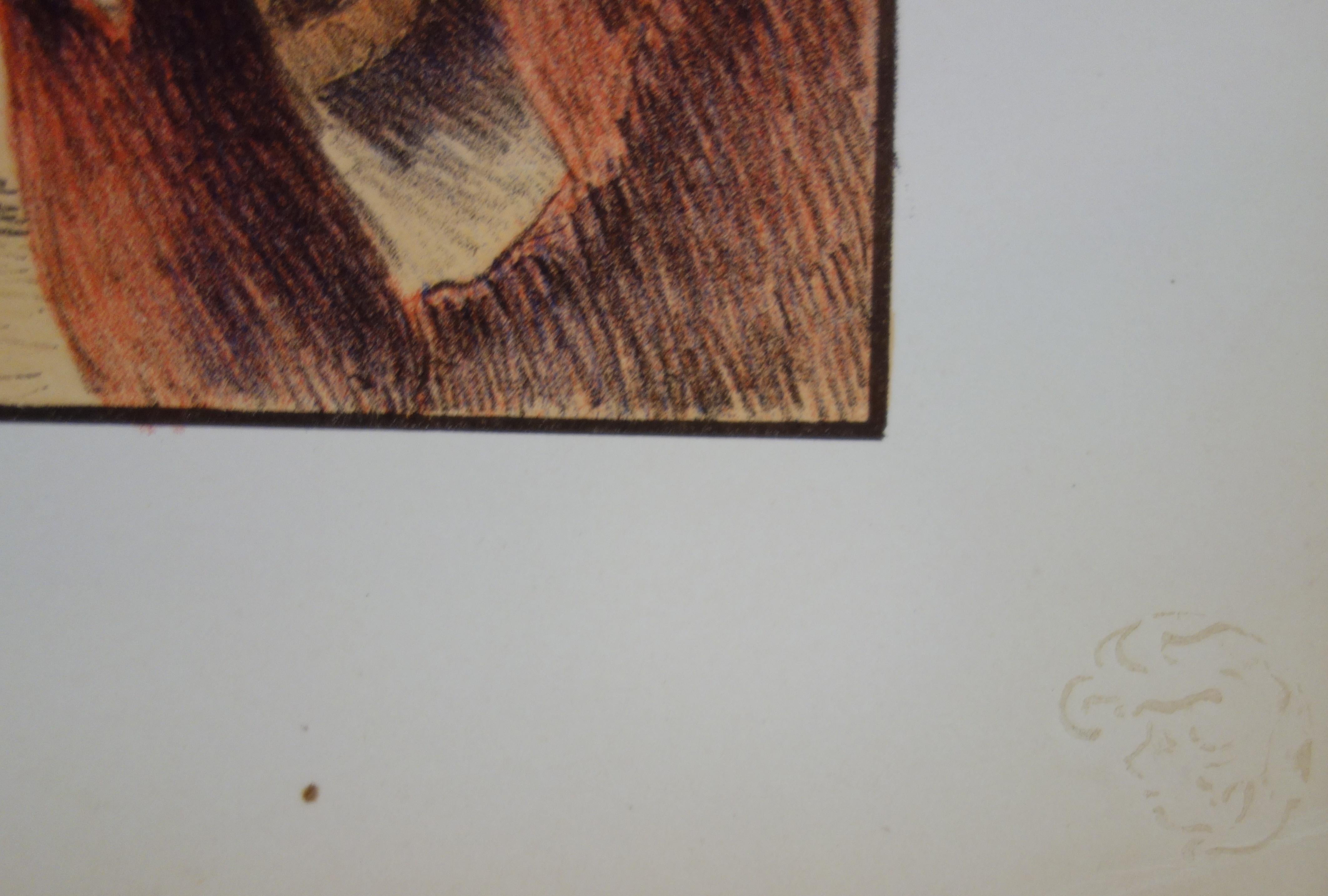 La lampada: lavoro serale - Litografia originale - 1898 - Nude Print Marrone di Francois Guiguet