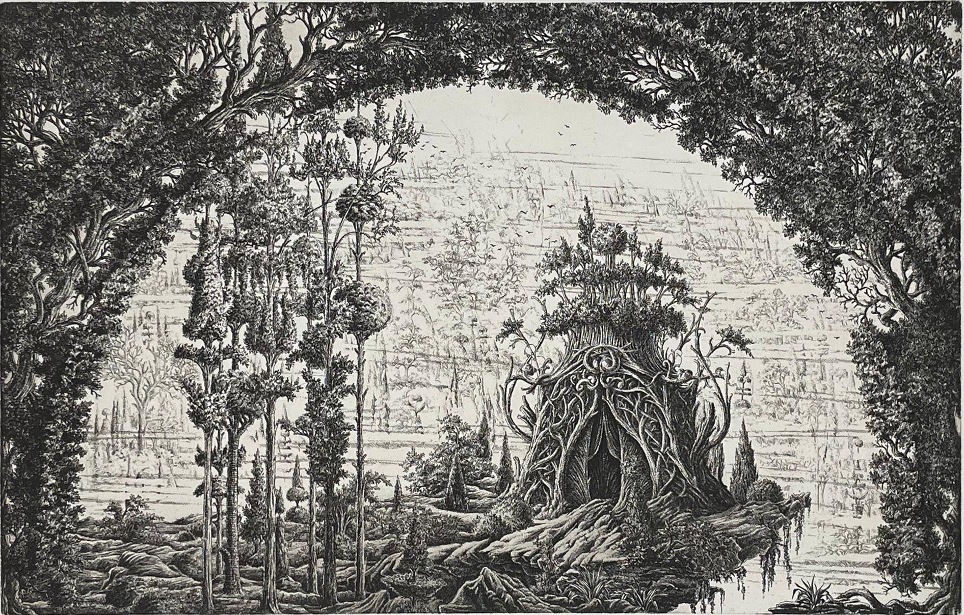 Firmado, titulado y numerado por el artista. Este grabado fue un homenaje al arquitecto Louis Sullivan, realizado tras un viaje a Chicago. Con la misma elaborada escenografía de jardín de fantasía, esta imagen presenta un elaborado arco de medio