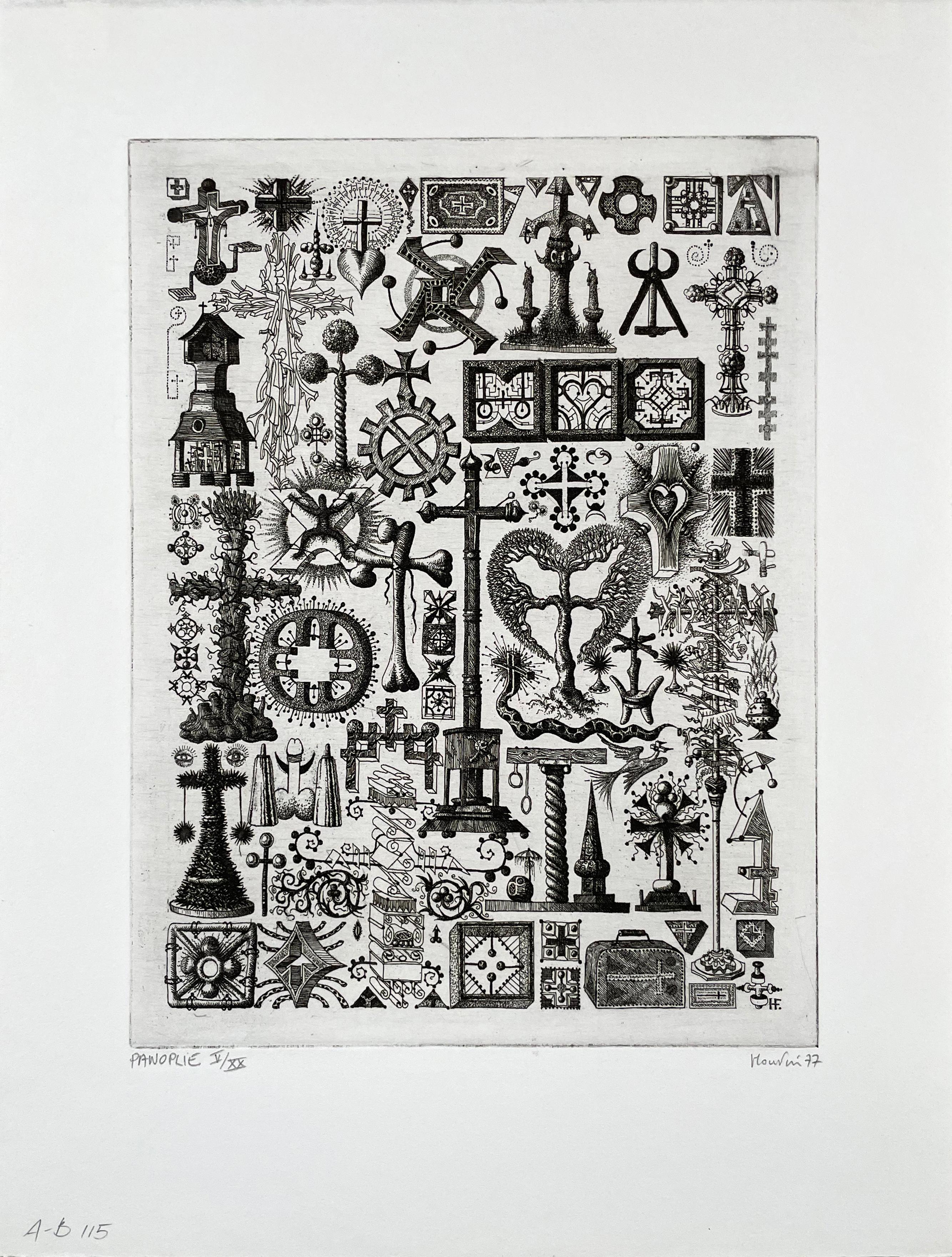 Panoplie, fantasy topiary etching by contemporary french artist Francois Houtin - Print by François Houtin