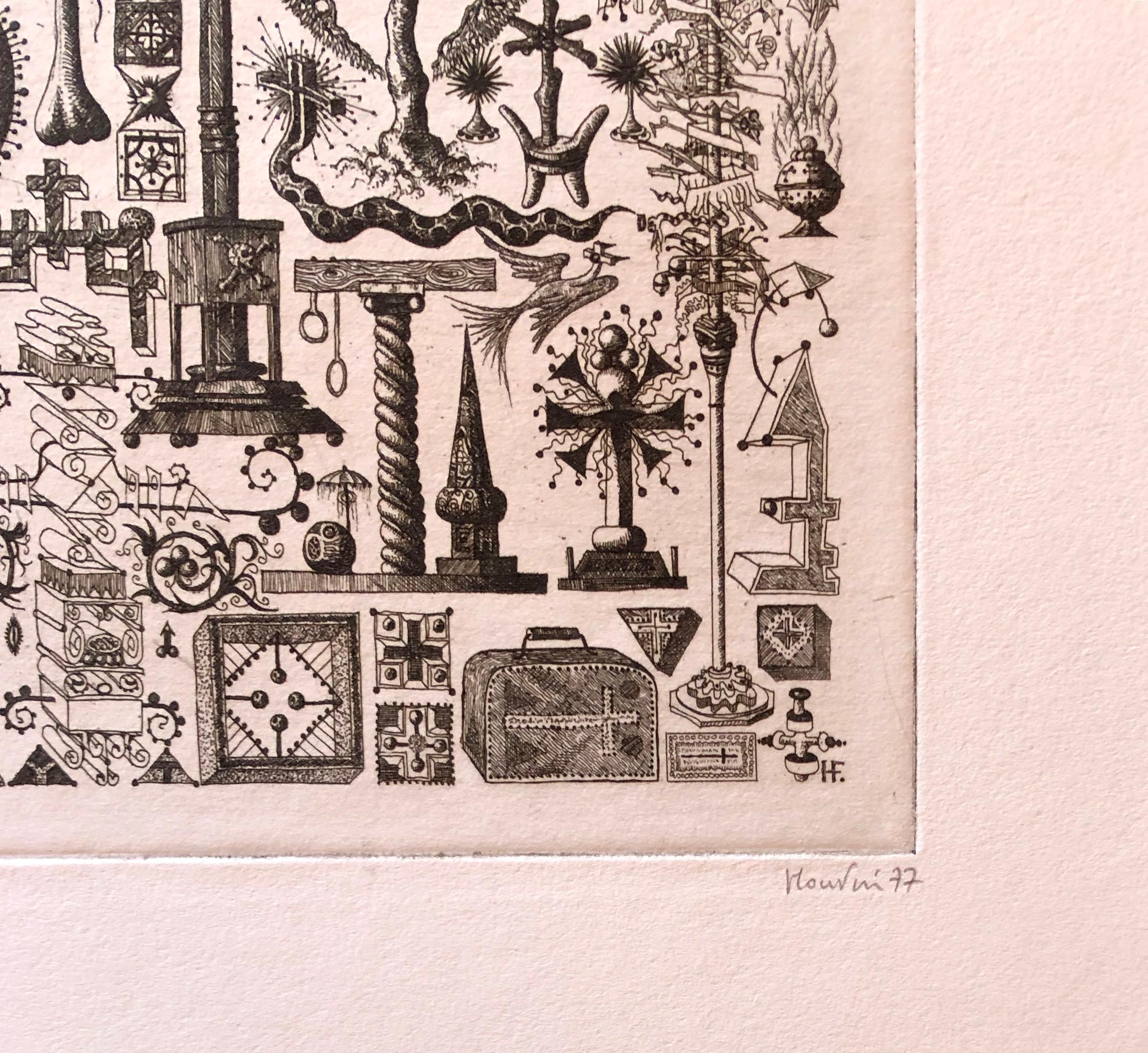Panoplie, fantasy topiary etching by contemporary french artist Francois Houtin - Contemporary Print by François Houtin