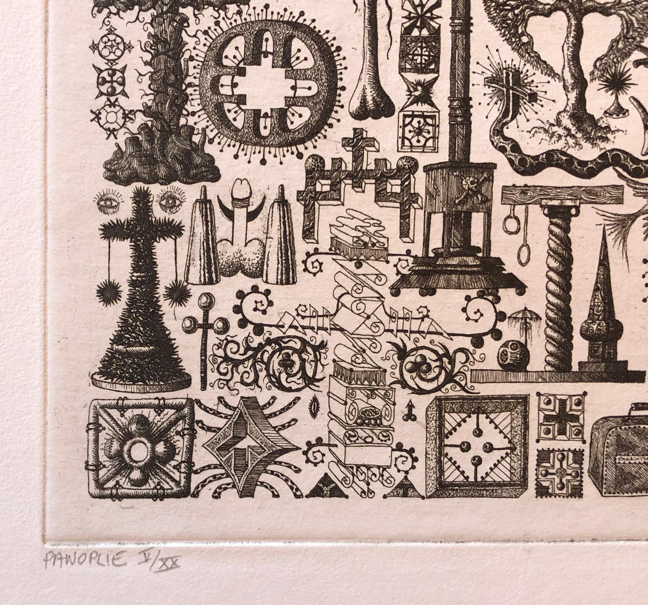 Panoplie, fantasy topiary etching by contemporary french artist Francois Houtin - Beige Landscape Print by François Houtin