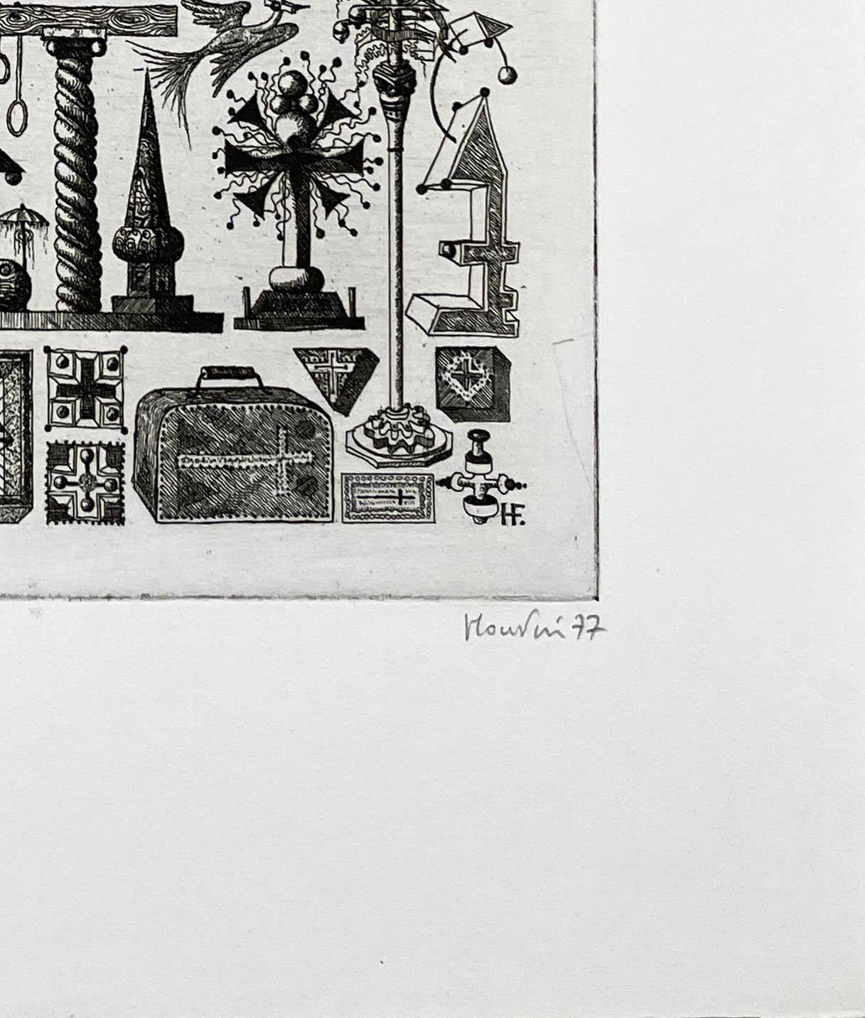 Panoplie, fantasy topiary etching by contemporary french artist Francois Houtin - Beige Landscape Print by François Houtin