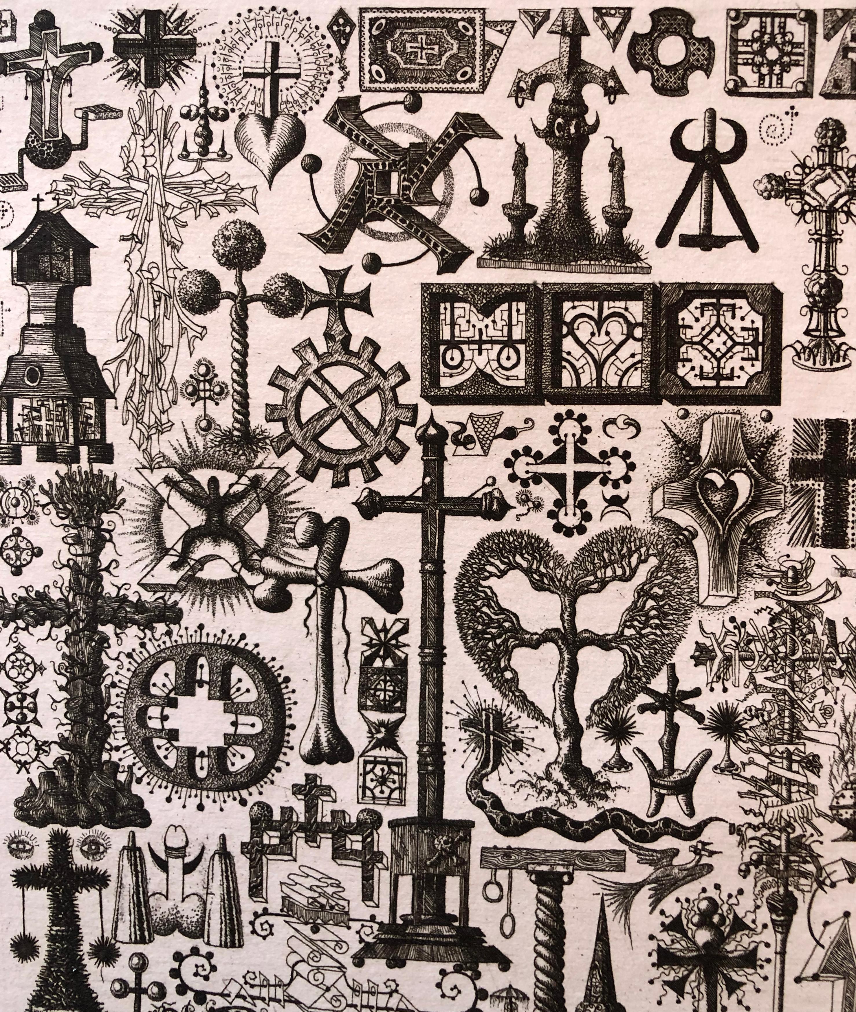 Contemporary French artist Francois Houtin still developed his signature style of imaginary vegetation and symbols in the 1970's and has continued to master etching and fantasy landscape prints. Signed, titled and numbered in pencil from the edition