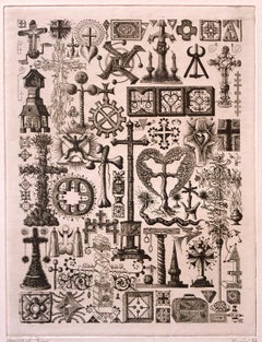 Panoplie, gravure à l'eau-forte d'une topiaire fantastique par l'artiste français contemporain Francois Houtin