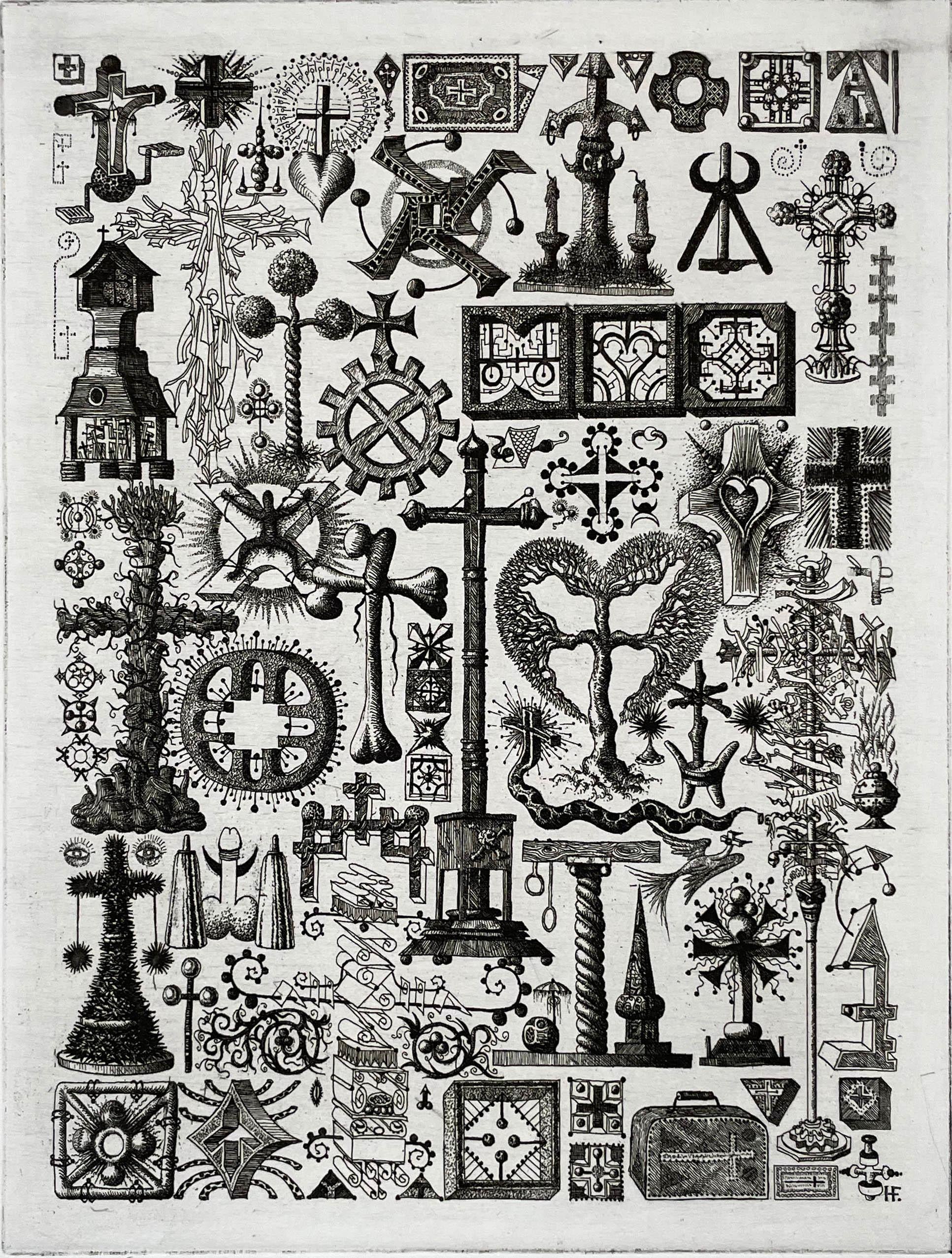 François Houtin Landscape Print - Panoplie, fantasy topiary etching by contemporary french artist Francois Houtin