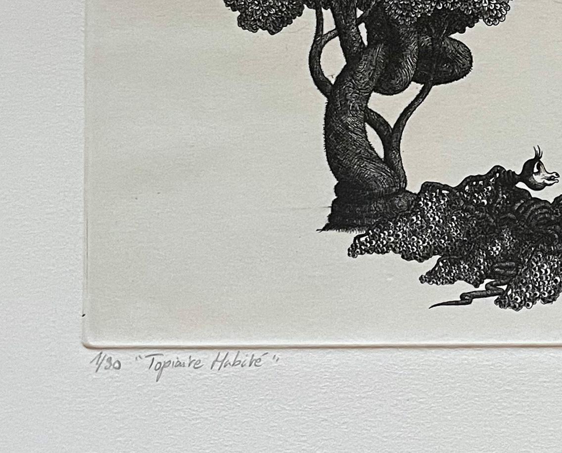 Firmado, titulado y numerado a partir de la edición de 30 ejemplares.  Escena imaginaria de topiario y jardín, con un trabajo de línea increíblemente fino en uno de los primeros aguafuertes de Houtin. 

François Houtin nació en Craon en Mayenne,